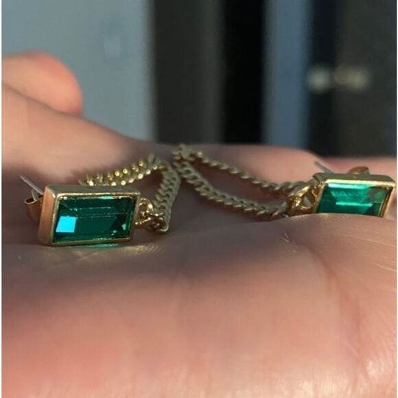 The Champion Square Emerald Crystal Gold Chain Dangle drop Earrings - Picture 8 of 8